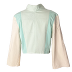 Veste couleur pastel en vert et blanc avec un col original en upcycling, patron à coudre facile de Specimen Studi0