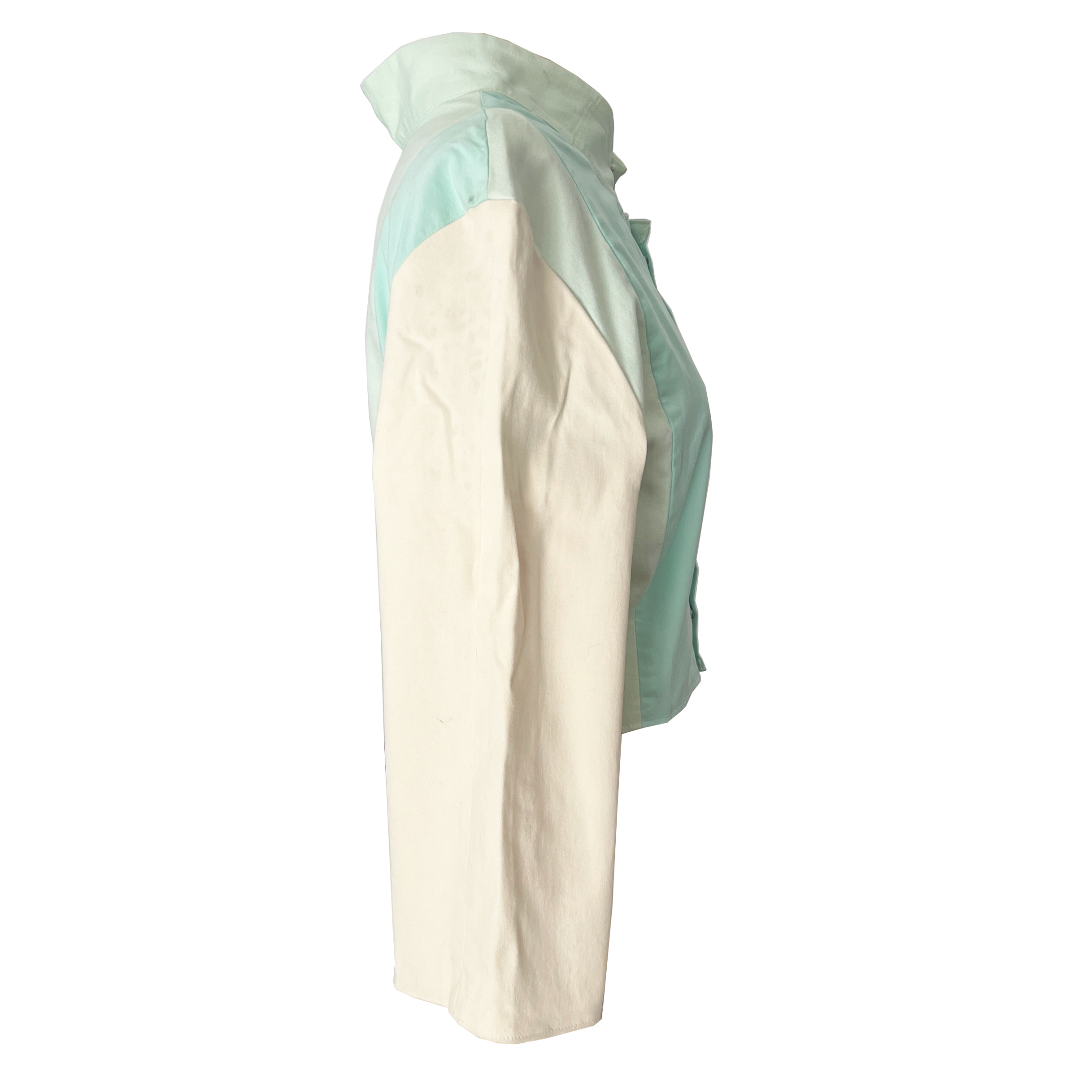 Veste couleur pastel en vert et blanc avec un col original en upcycling, patron à coudre facile de Specimen Studi0