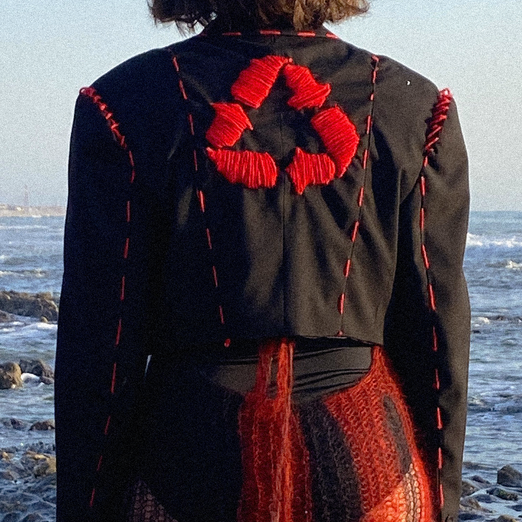 Short black blazer jacket with red embroidery - the upcycled Mathilde.