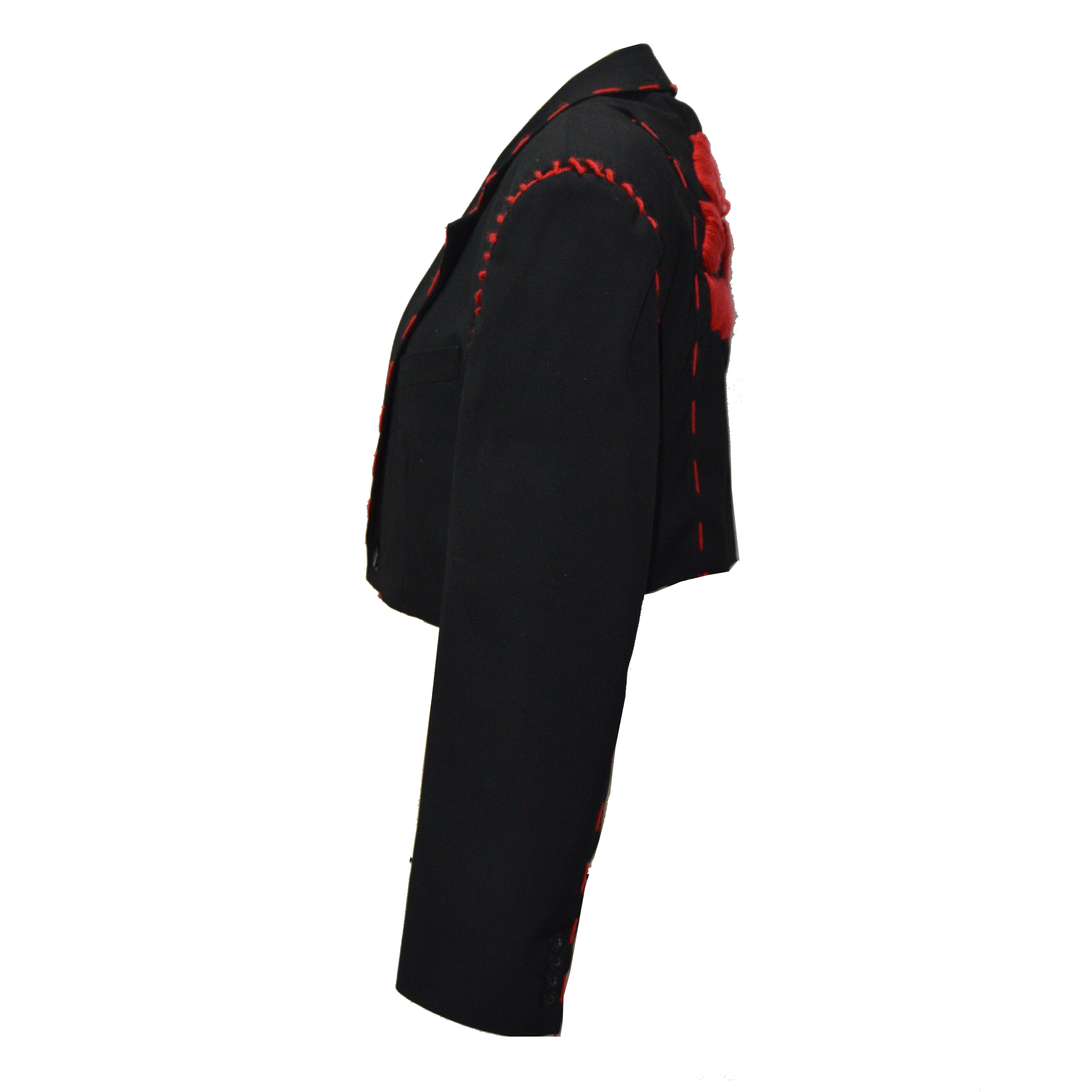 Short black blazer jacket with red embroidery - the upcycled Mathilde.