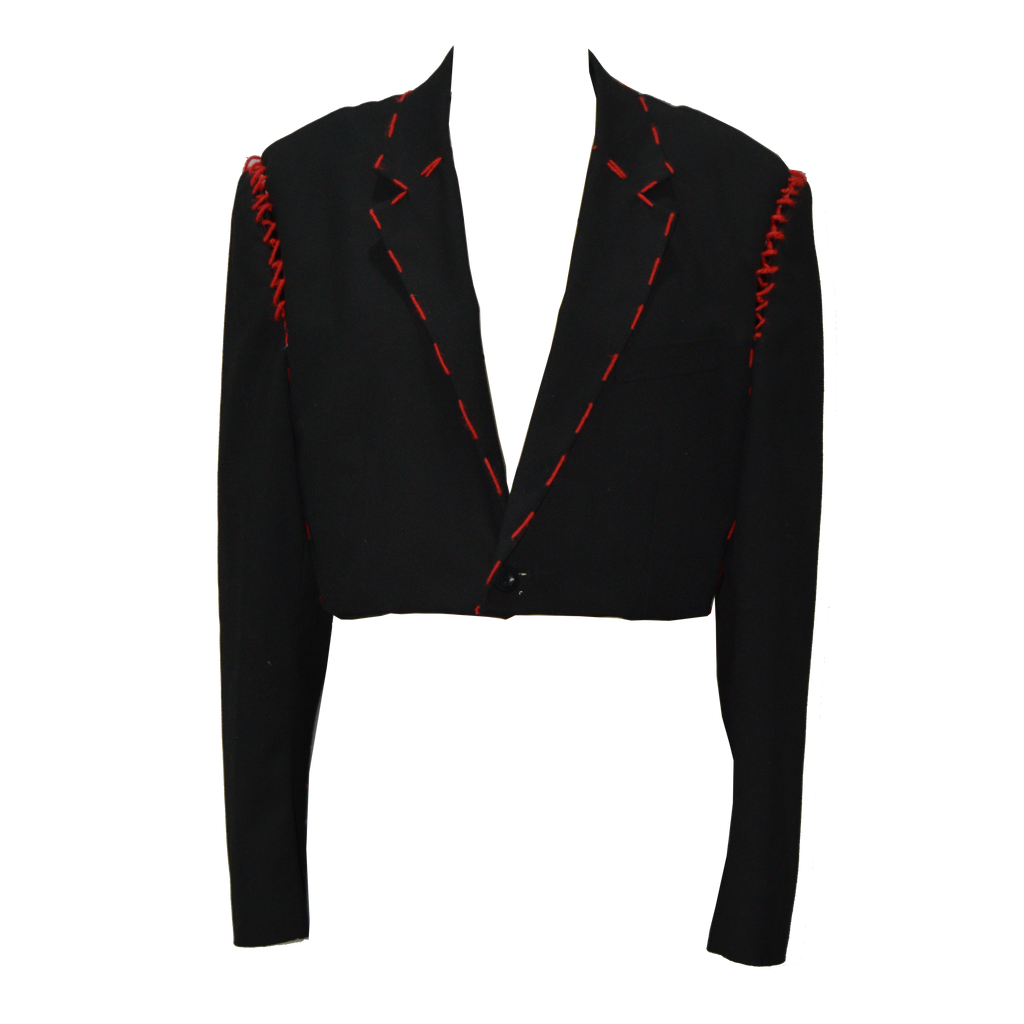 Short black blazer jacket with red embroidery - the upcycled Mathilde.
