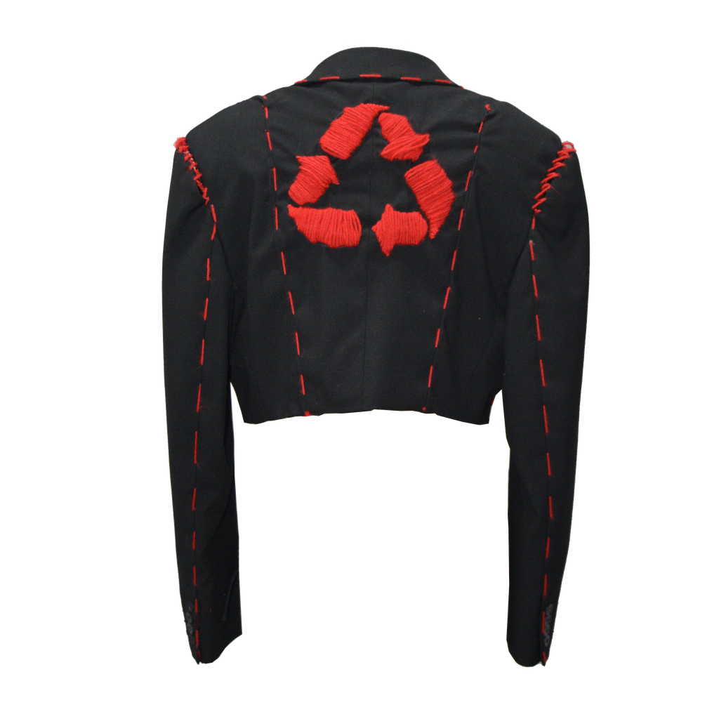 Short black blazer jacket with red embroidery - the upcycled Mathilde.