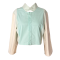 Veste couleur pastel en vert et blanc avec un col original en upcycling, patron à coudre facile de Specimen Studi0