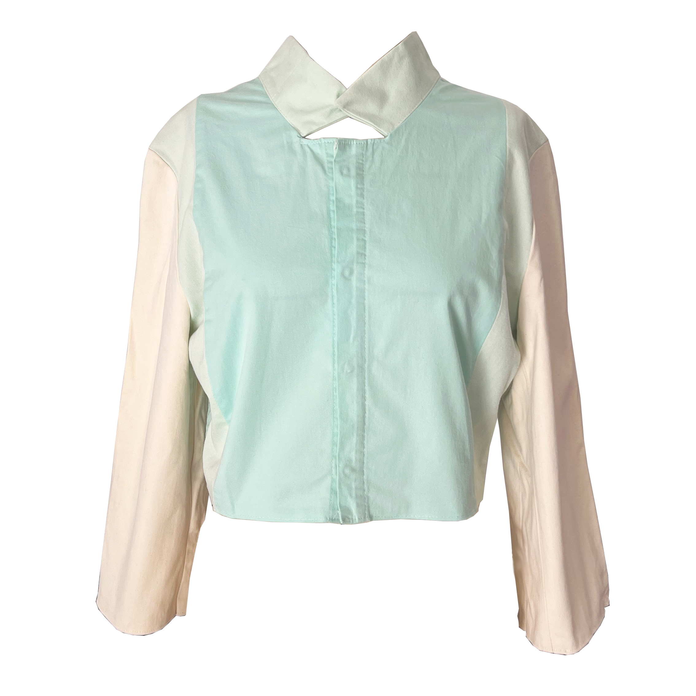Veste couleur pastel en vert et blanc avec un col original en upcycling, patron à coudre facile de Specimen Studi0