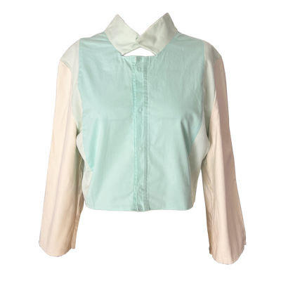 Veste couleur pastel en vert et blanc avec un col original en upcycling, patron à coudre facile de Specimen Studi0