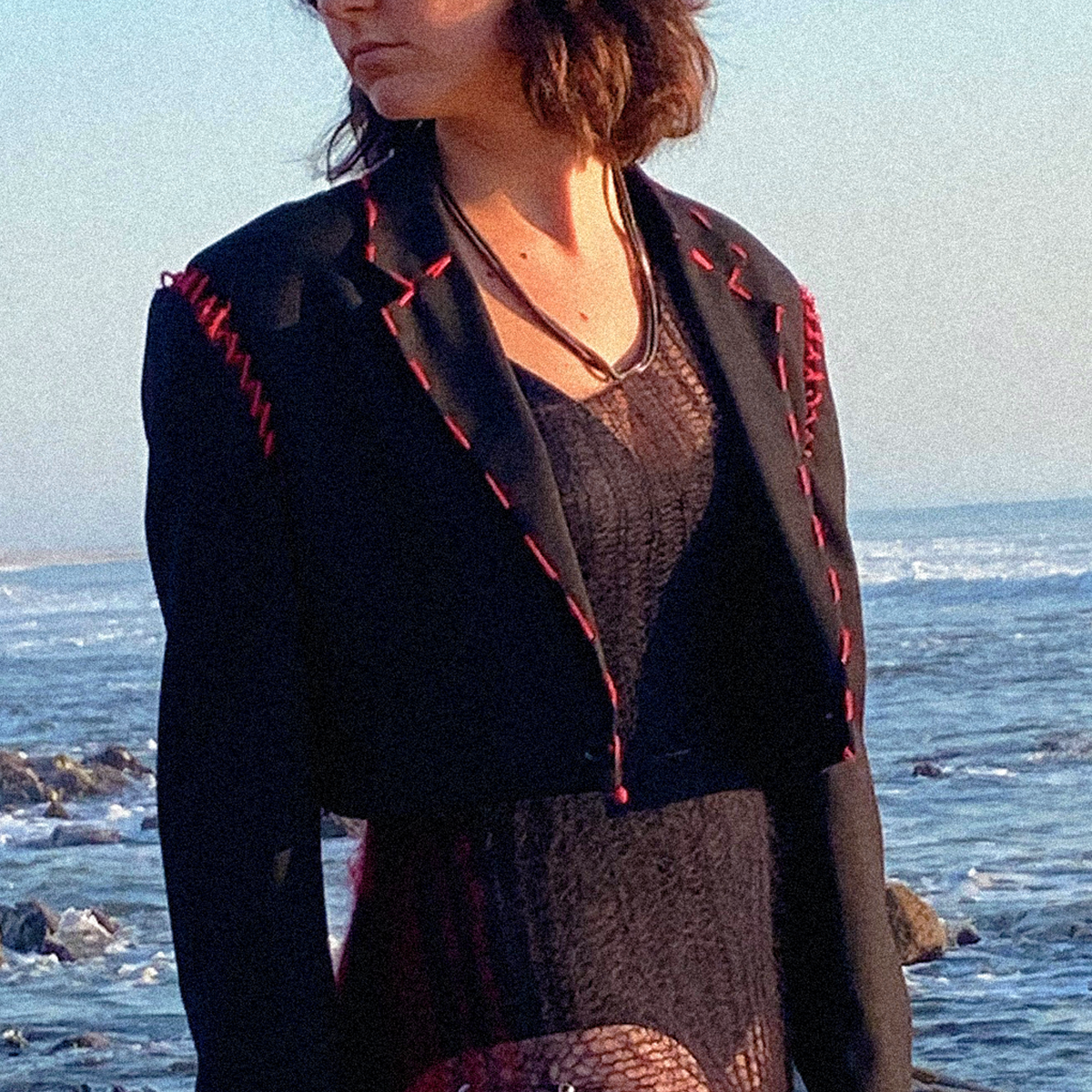 Short black blazer jacket with red embroidery - the upcycled Mathilde.